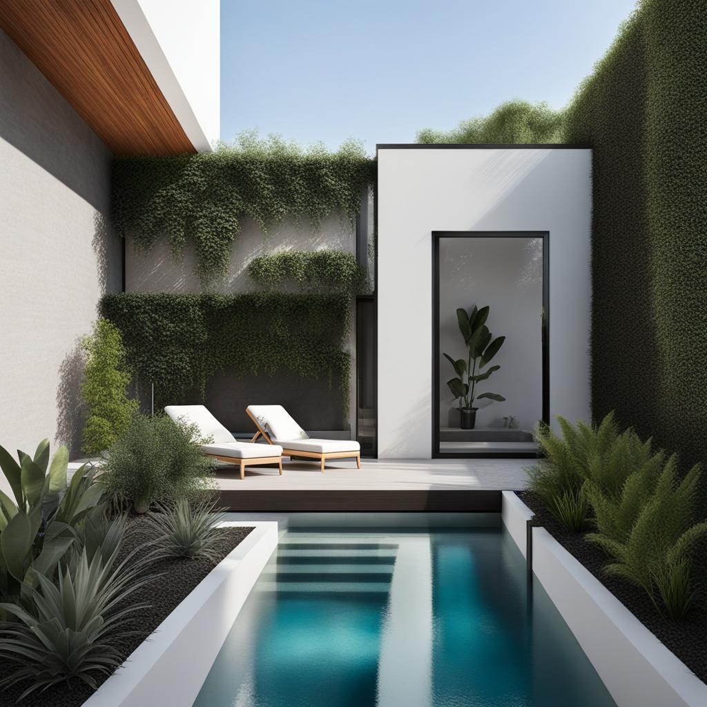 casa minimalista de dos plantas, con plantas alrededor y  piscina 