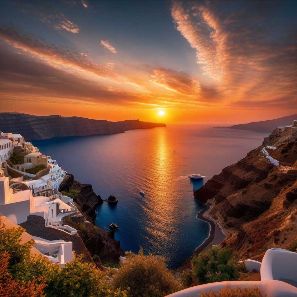 Sunset Wallpapers - Breathtaking Santorini Sunset over the Aegean Sea  wallpaper style, intricate details, patterns, splash art, light colors