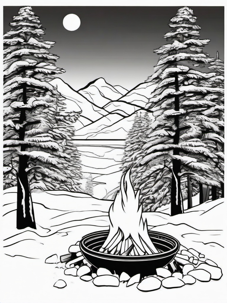 Winter Bonfire Coloring Pages - Warm Fires in Snowy Settings  minimal black outline printable sheet, coloring page