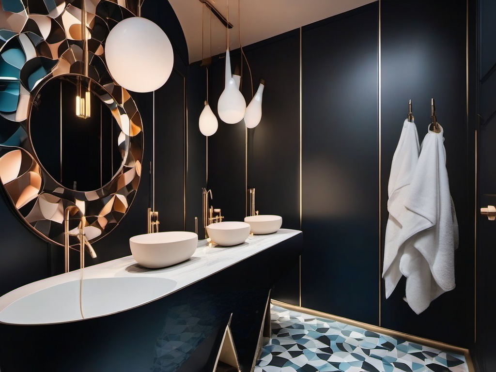 A bathroom with surrealist interior design features unusual fixtures, dream-inspired tiles, and whimsical lighting that turn the space into a playful retreat.  