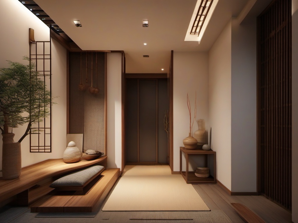 In the entryway, Japanese Zen interior design showcases natural materials, a clutter-free space, and warm lighting that provides a welcoming atmosphere while maintaining simplicity.  