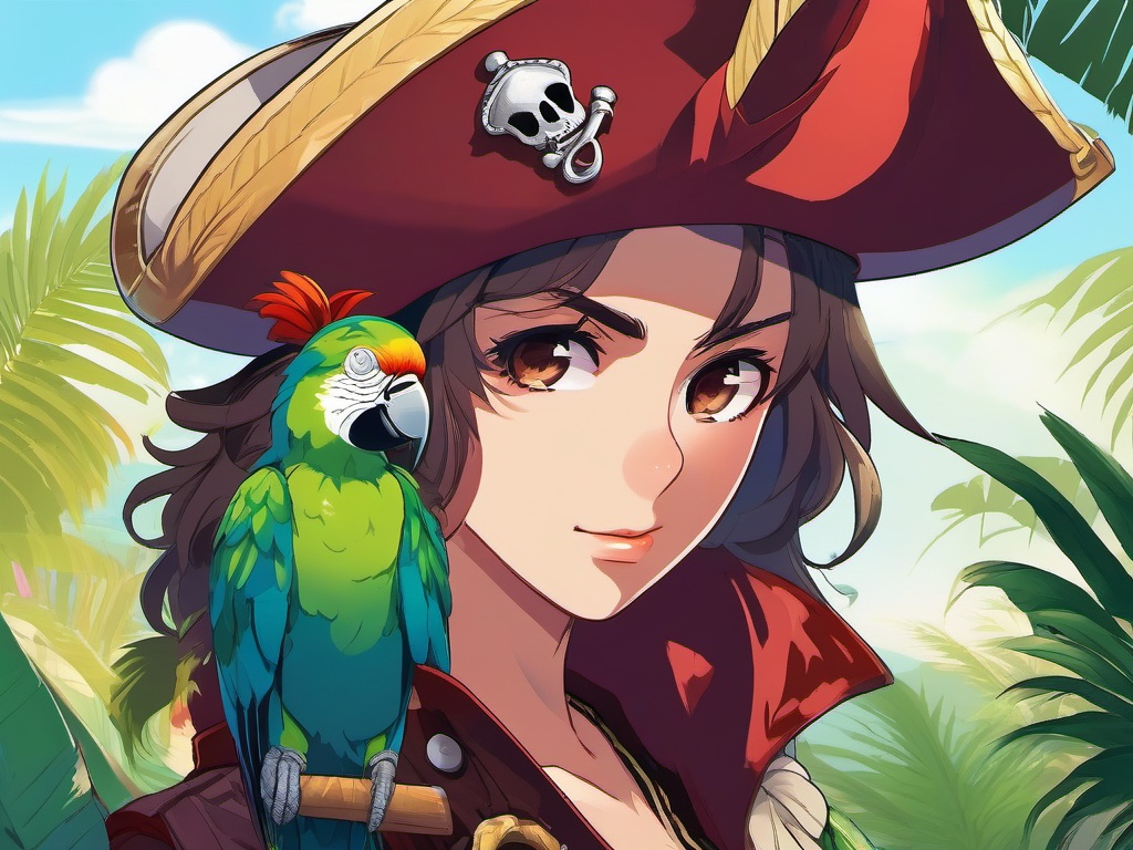 Mischievous pirate, marooned on a deserted island, conspiring with a parrot to escape.  front facing ,centered portrait shot, cute anime color style, pfp, full face visible