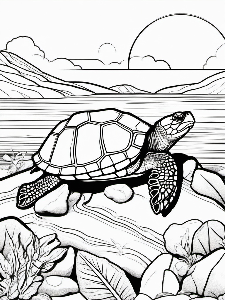 Turtle Coloring Pages - Turtle resting on a rock under the sun  simple coloring pages