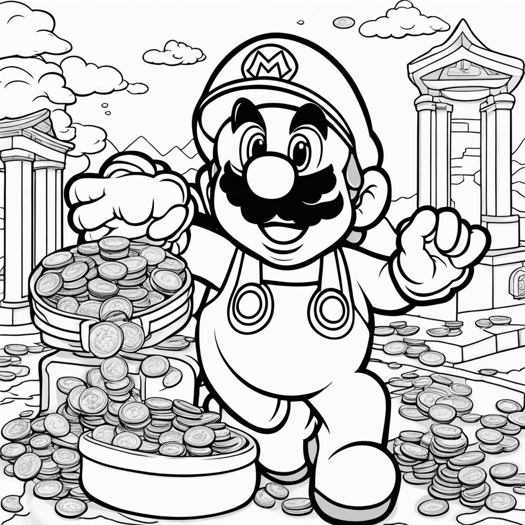 mario coloring pages - mario collects coins on an adventurous journey. 