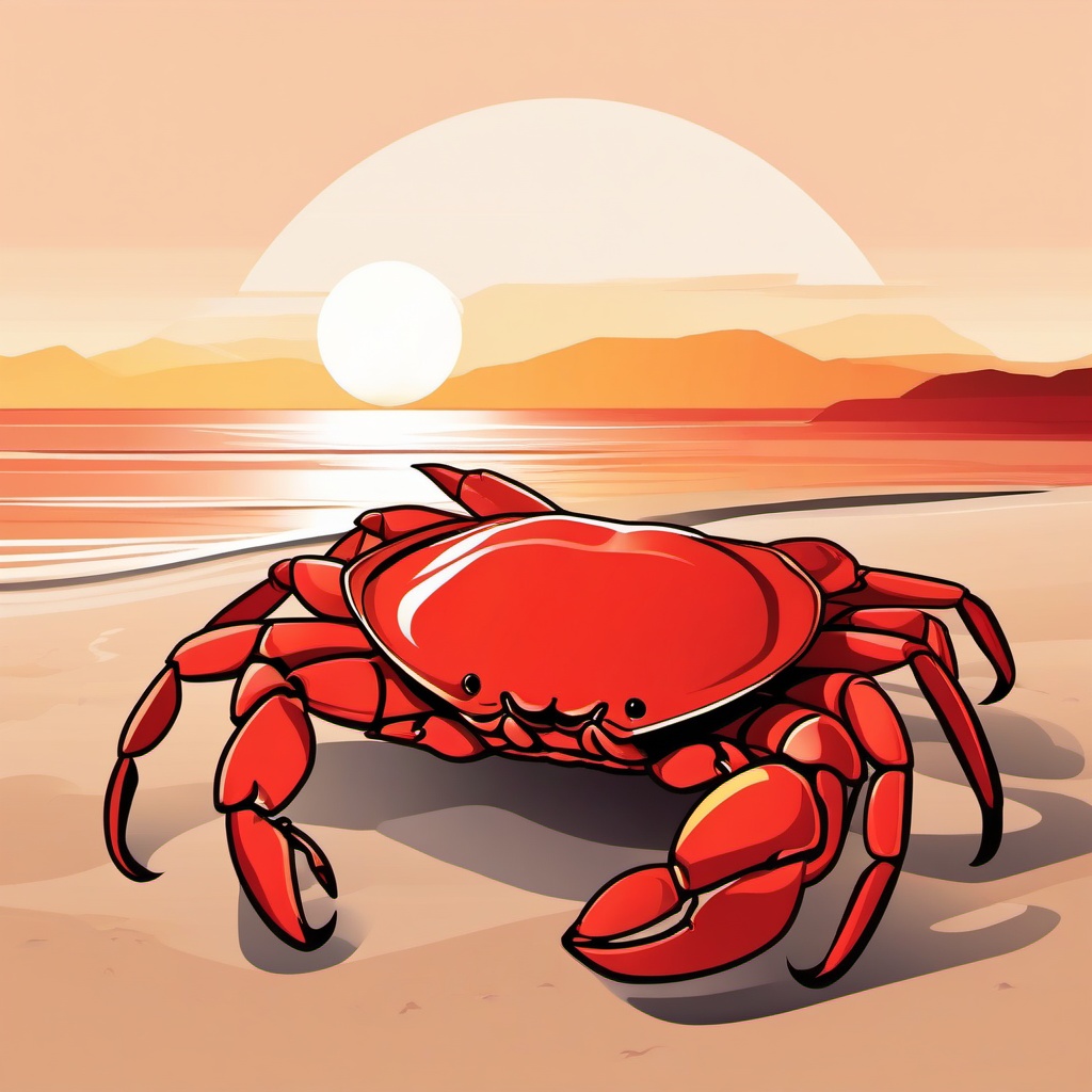 Crab clipart - red crab on a beach with a sunset  color,minimalist,vector clipart