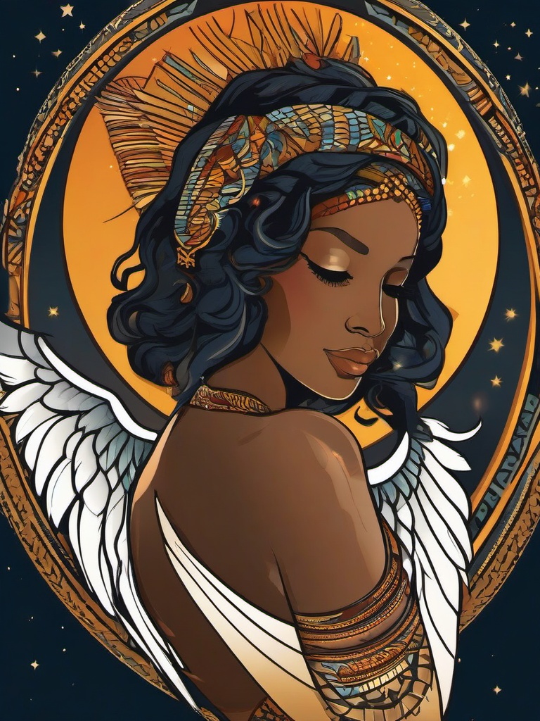 African American Angel Tattoo-Celebrating cultural diversity with an African American angel tattoo, expressing celestial beauty, spirituality, and connection to heritage.  simple vector color tattoo