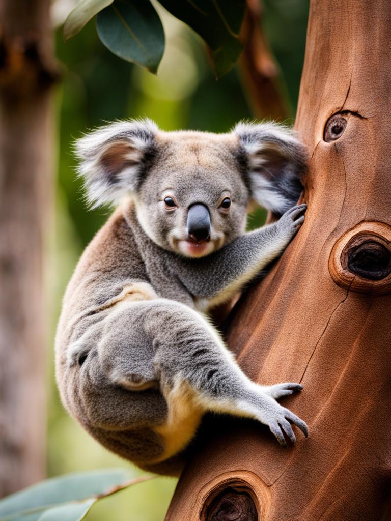 fuzzy baby koala clinging to its mother's back in a eucalyptus tree. 