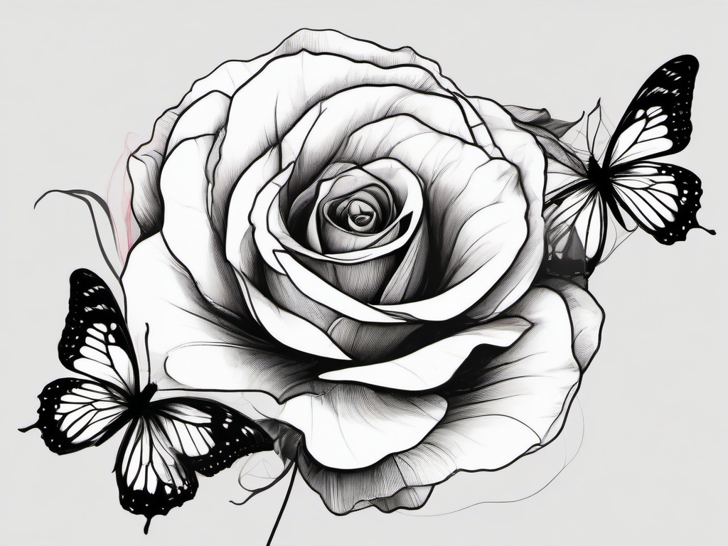 drawing of a rose in black and white with colorful butterflies  minimal rough sketch scribbles,doodles,black and white