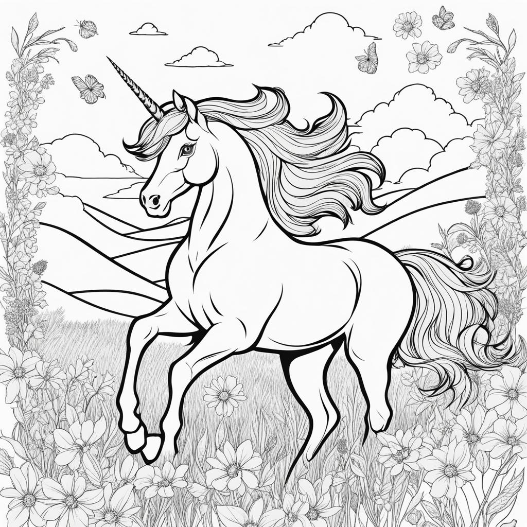 unicorn coloring pages - playful unicorn frolicking in a field of colorful wildflowers, scattering petals with each joyful step. 