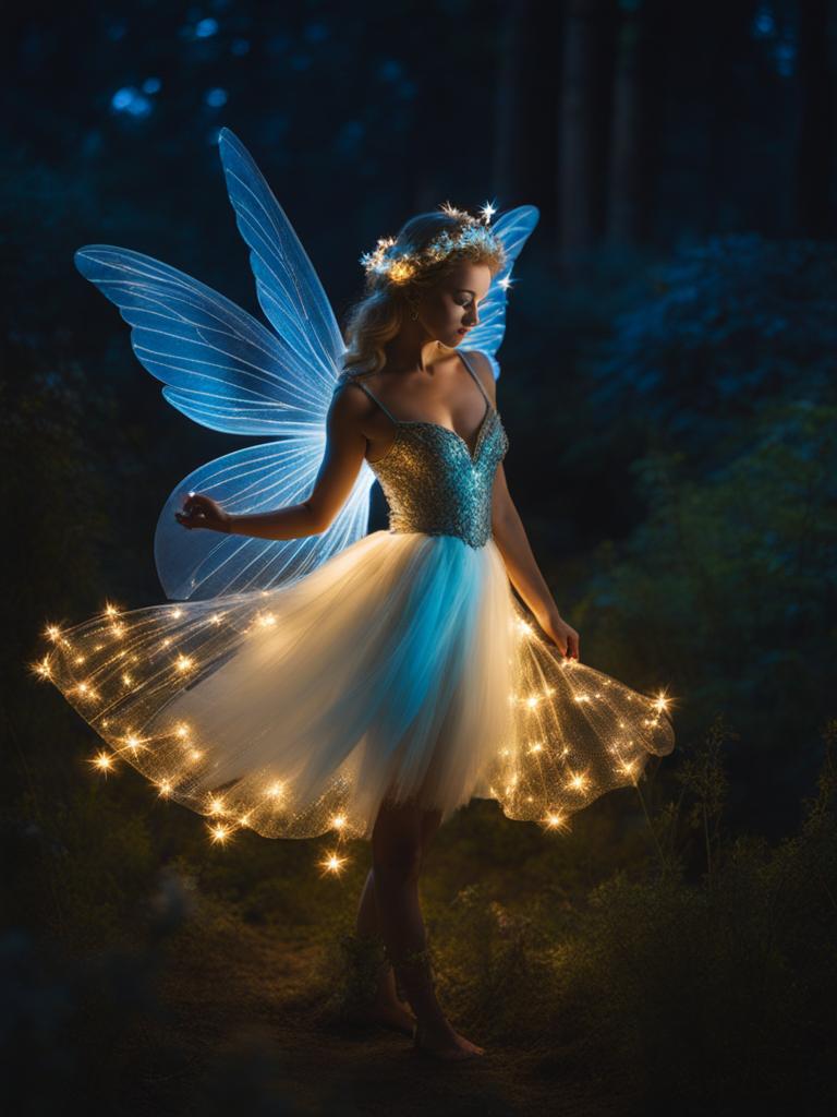 whimsical fairy illuminating the night with bioluminescent wings. 