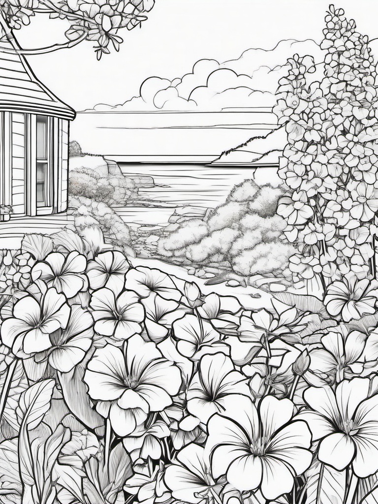 Lavatera coloring page sheet - Lavatera flowers blooming in a seaside garden.  black outline printable coloring page