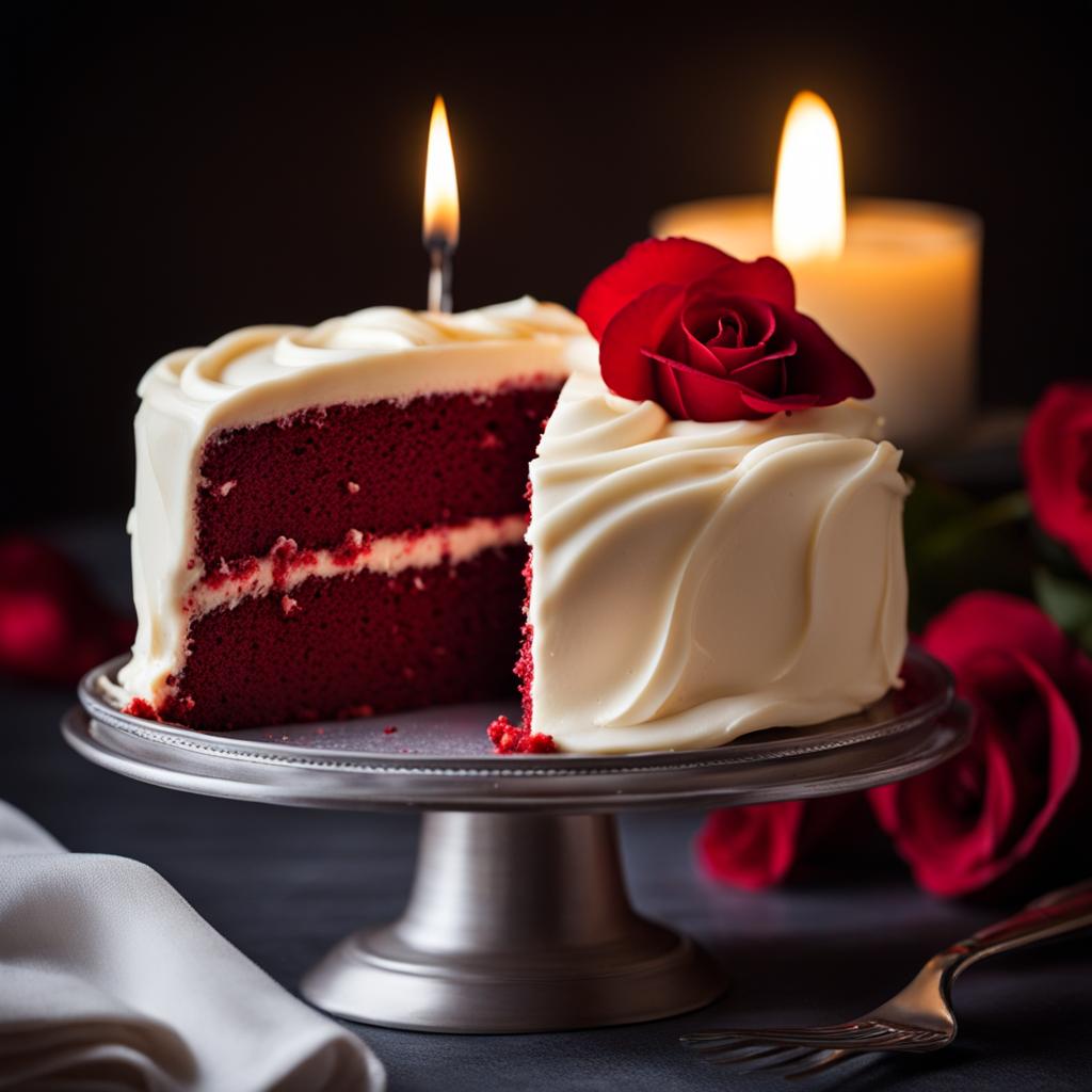 red velvet cake with cream cheese icing, devoured at a romantic dinner by candlelight. 