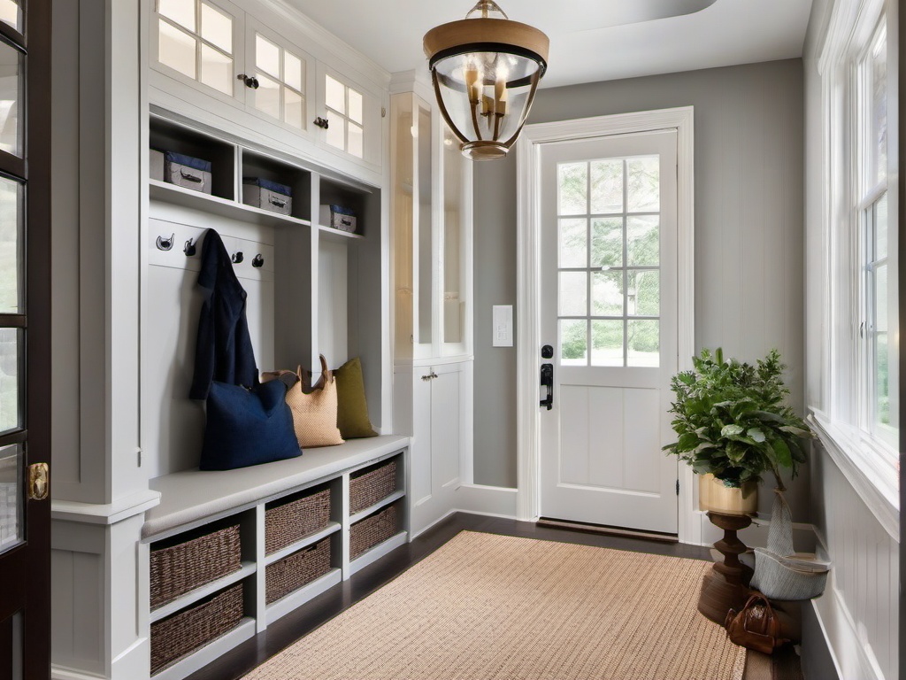 A mudroom designed with traditional interior design includes built-in storage, classic hooks, and a well-organized layout that makes coming and going a seamless experience.  