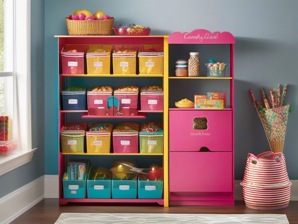 Candy Land pantry includes colorful storage solutions, playful labels, and cheerful decor, maximizing organization in a delightful space.  