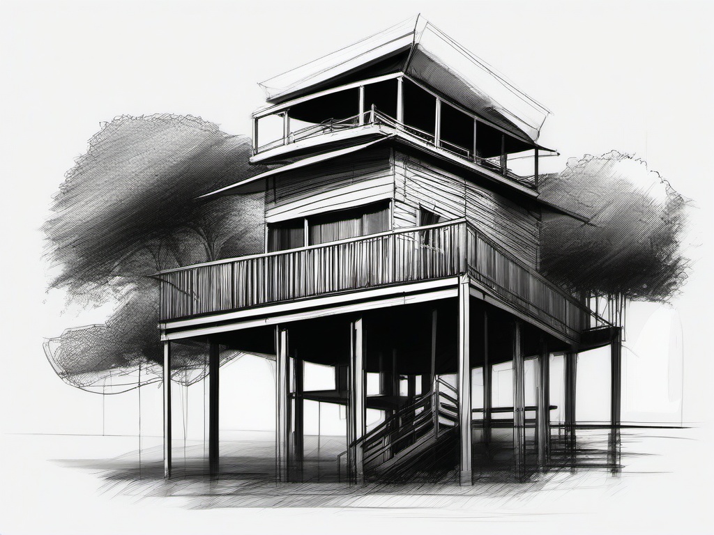 drawing of a stilt house  minimal rough sketch scribbles,doodles,black and white