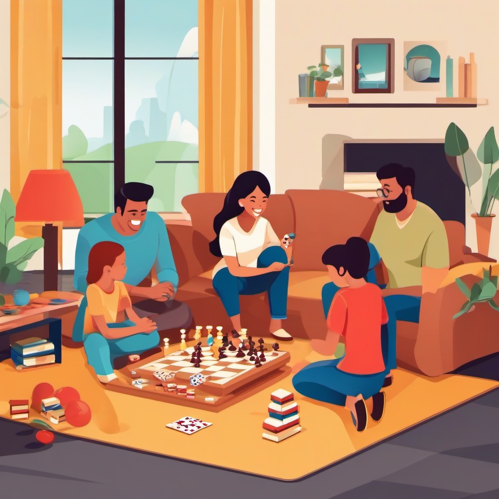 Family clipart - family playing games together at home  