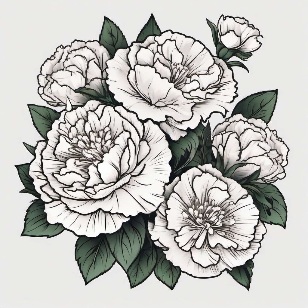 Carnation Bouquet Tattoo,Charm of a bouquet in a carnation bouquet tattoo, celebrating the beauty of various blooms.  simple color tattoo,minimal vector art,white background