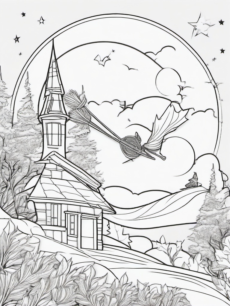 Witch's Broom Coloring Pages - Flying Through the Halloween Night  minimal black outline printable sheet, coloring page