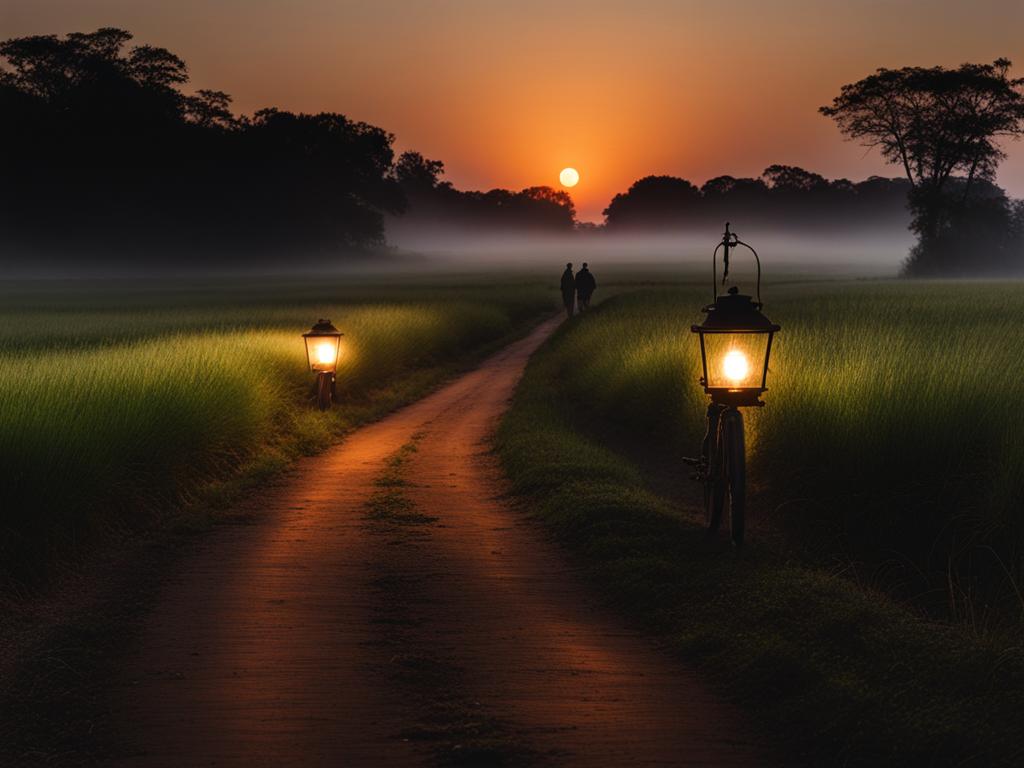 kibi plain - capture the timeless night view of the kibi plain, with lanterns guiding the way along historic cycling paths amidst rural scenery. 