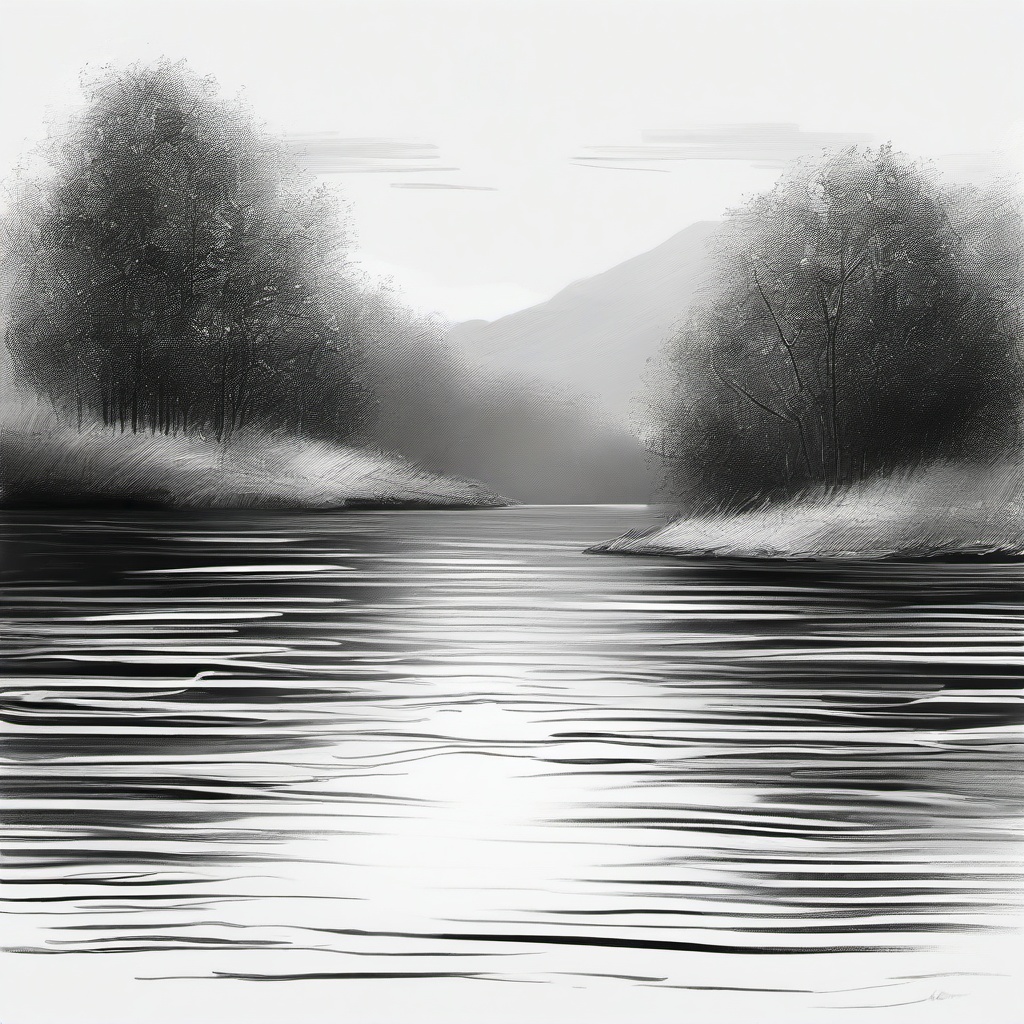 drawing of water in a calm lake  minimal rough sketch scribbles,doodles,black and white