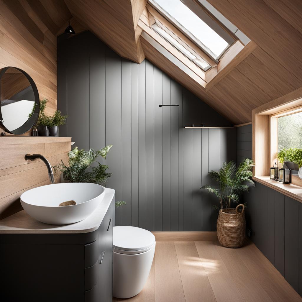 cozy attic bathroom with sloped ceilings and skylights. 