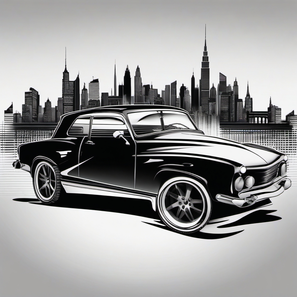 Car and city skyline ink. Urban sophistication on skin.  minimalist black white tattoo style