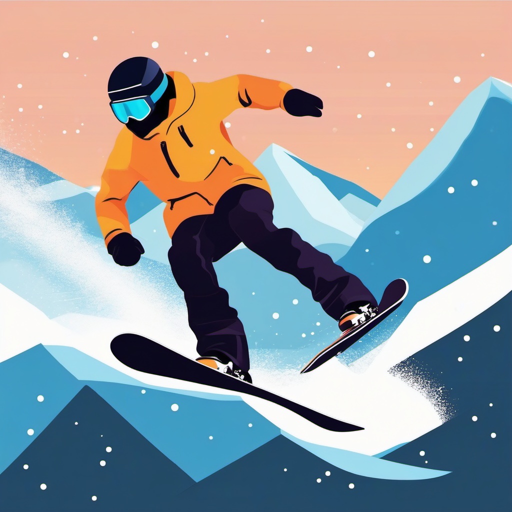 Snowboard Clipart - A snowboarder carving turns on fresh powder snow.  transport, color vector clipart, minimal style