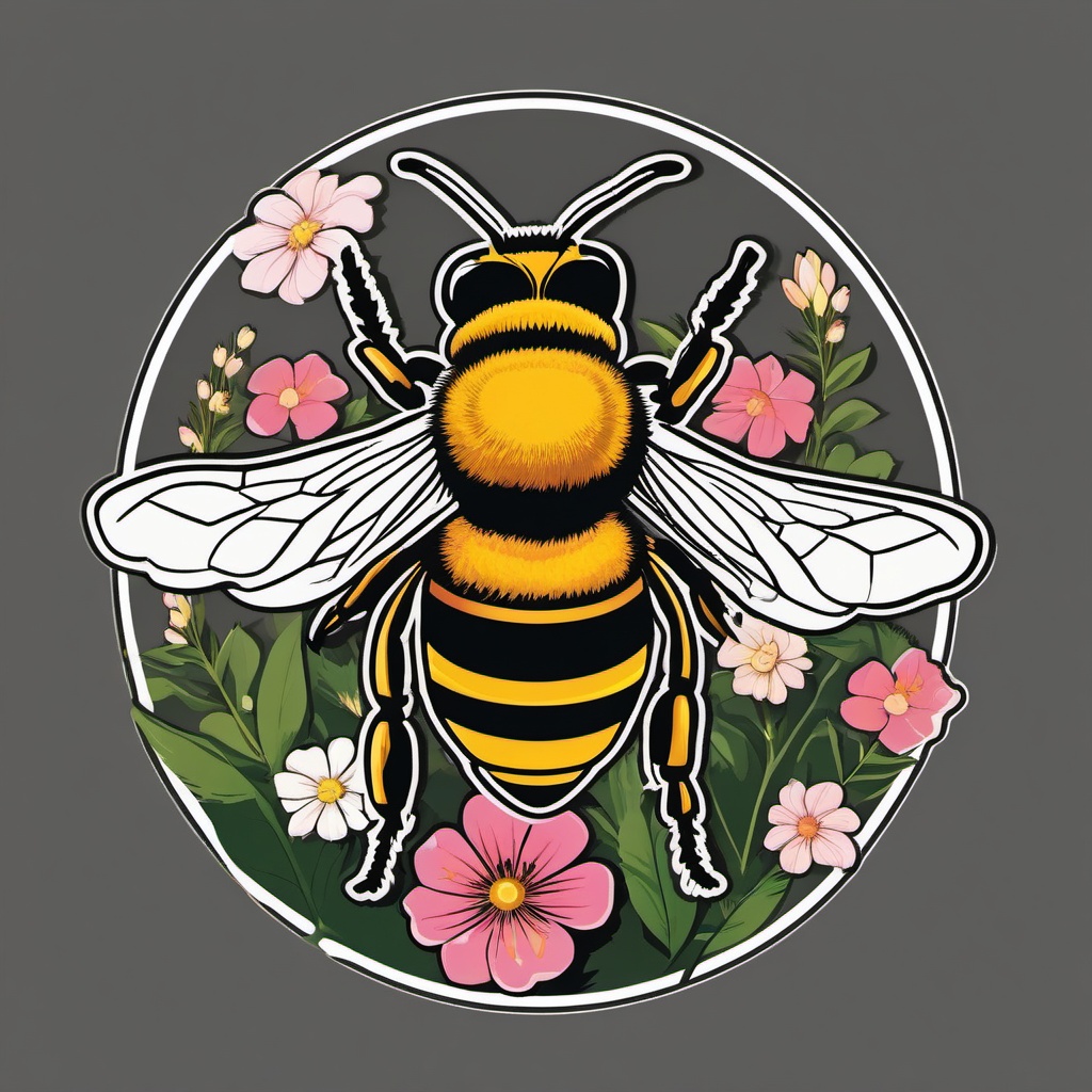 Honey Bee Sticker - A buzzing honey bee pollinating flowers, ,vector color sticker art,minimal