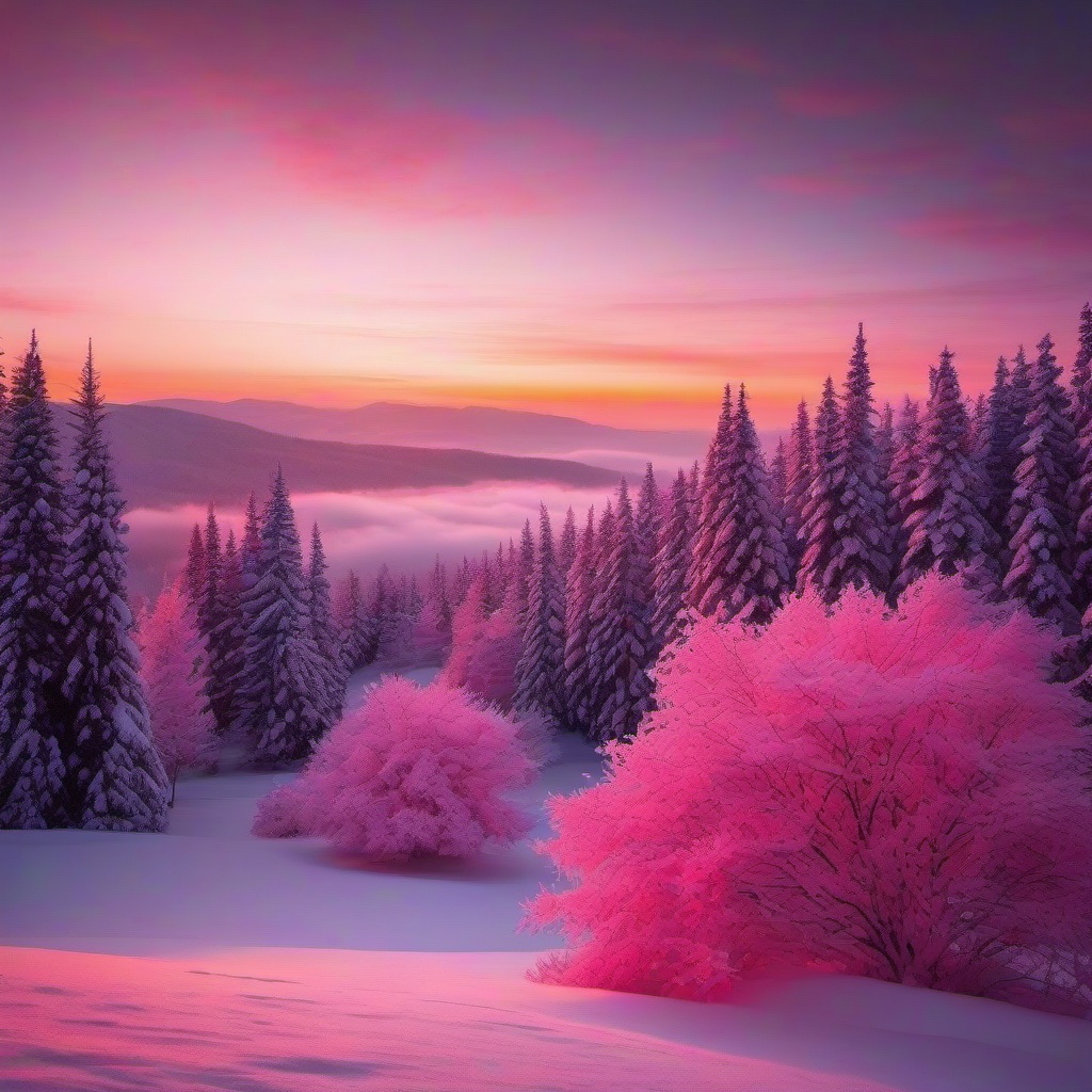 Aesthetic winter snowy coacae wallpaper with pink trees and sunset 