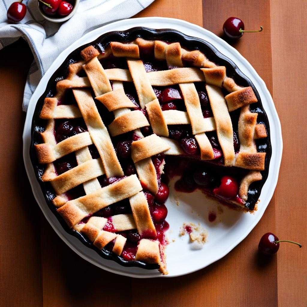 sour cherry pie filled with tart cherries and a lattice crust. 