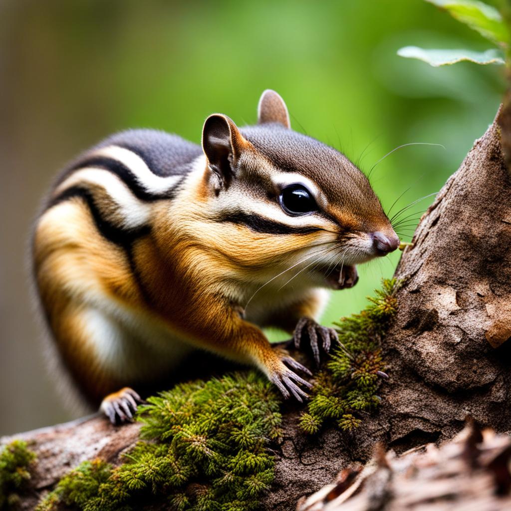 tiny chipmunk storing acorns in its cheek pouches. 