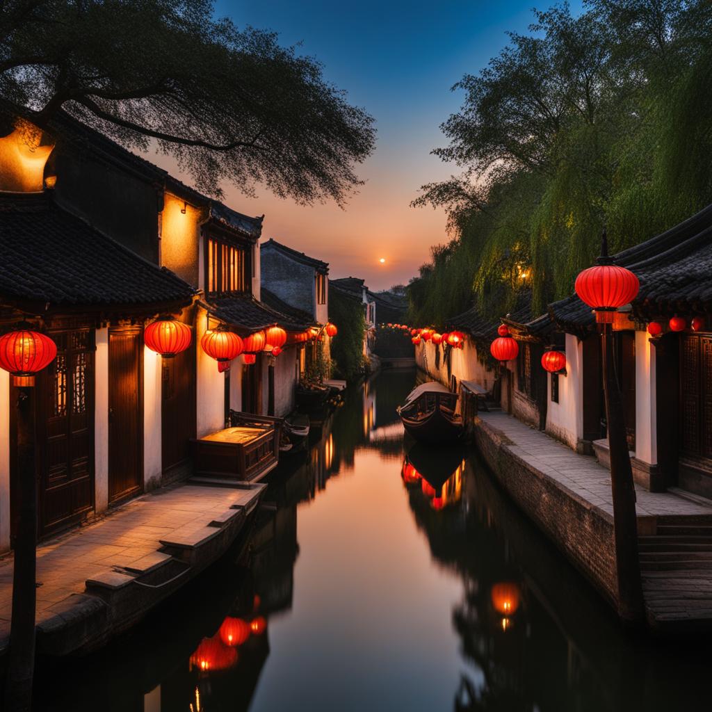 zhouzhuang water town - create a night scene of zhouzhuang, the venice of the east, with its picturesque canals, ancient bridges, and traditional houses glowing with lantern light. 