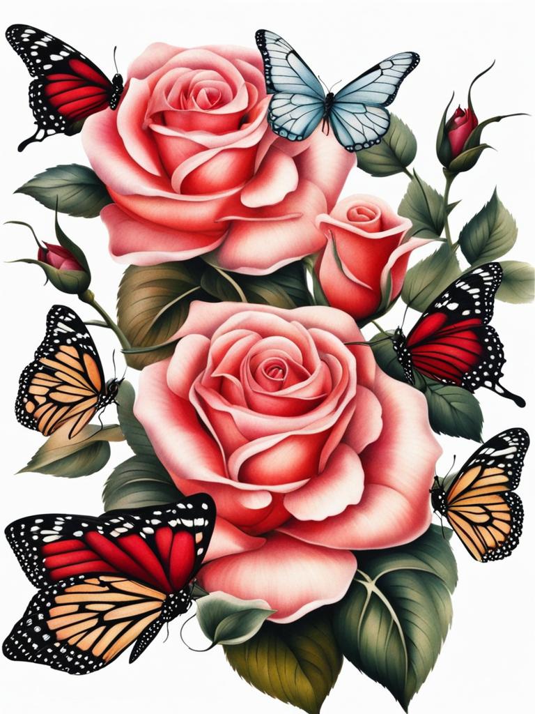 Rose and butterfly tattoo, Combining the grace of roses with the beauty of butterflies. , color tattoo design, clean white background