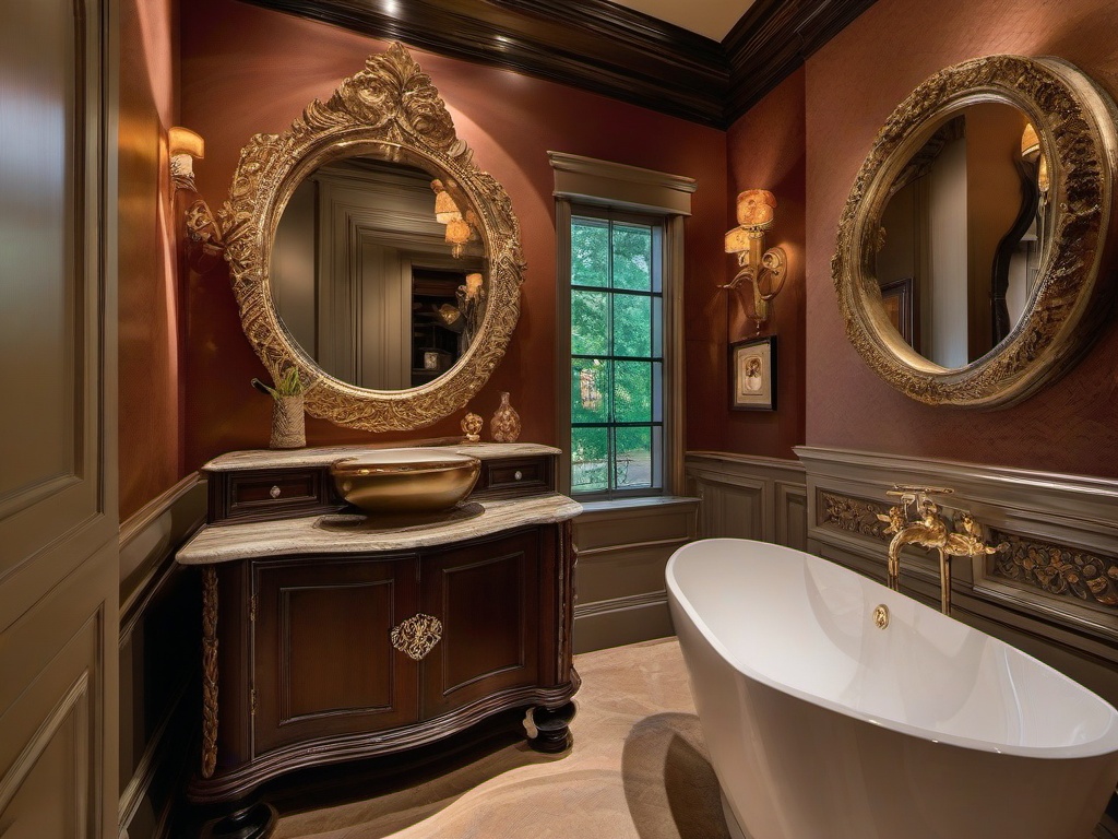 In the powder room, Italian Renaissance interior design includes luxurious fixtures, rich colors, and intricate details that transform a small space into a stylish and inviting experience.  