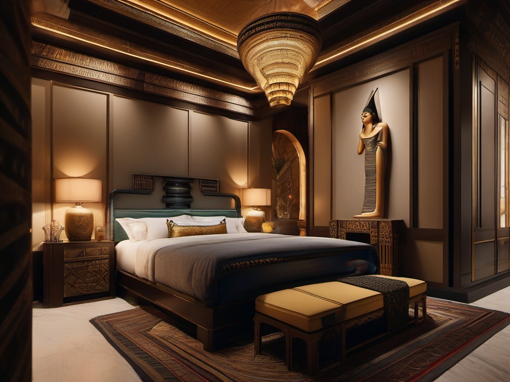 In the bedroom, Egyptian Revival interior design showcases a grand bed with intricate carvings, bold textiles, and decorative elements that evoke the elegance of pharaonic times.  