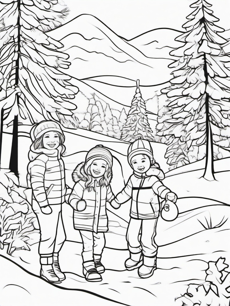 Kids Playing in Snow Coloring Pages - Fun Winter Activities Outdoors  minimal black outline printable sheet, coloring page