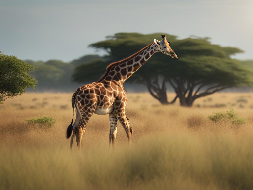 giraffe calf reaching for leaves in a sprawling savanna 8k ultrarealistic cinematic 