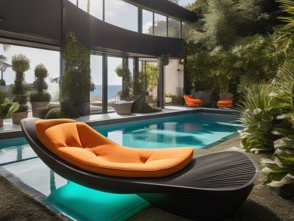 The pool area embraces surrealist interior design with whimsical loungers, imaginative decor, and vibrant landscaping that creates an enchanting space for summer enjoyment.  