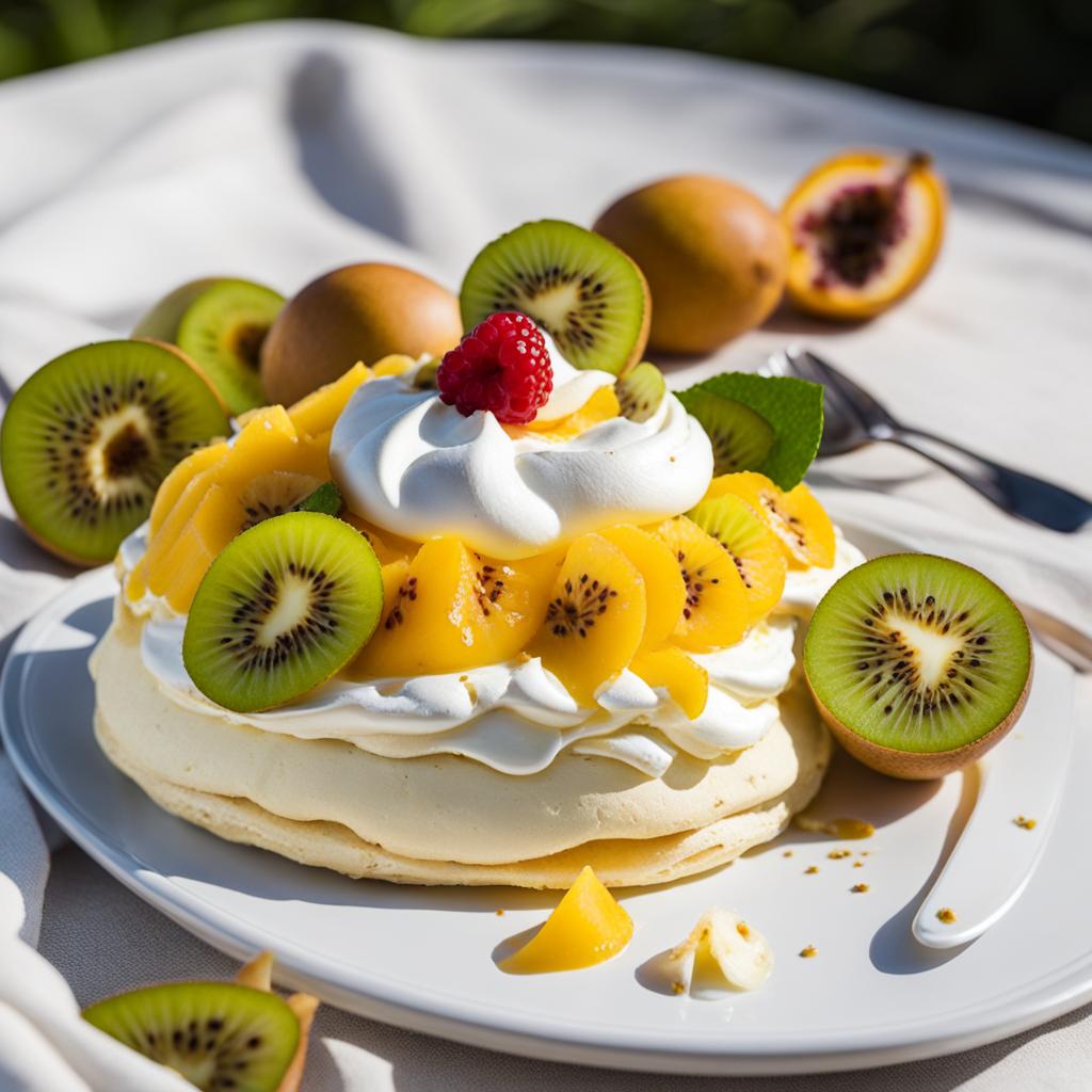 passion fruit and kiwi pavlova, a fruity meringue dessert, indulged at a beachfront picnic. 