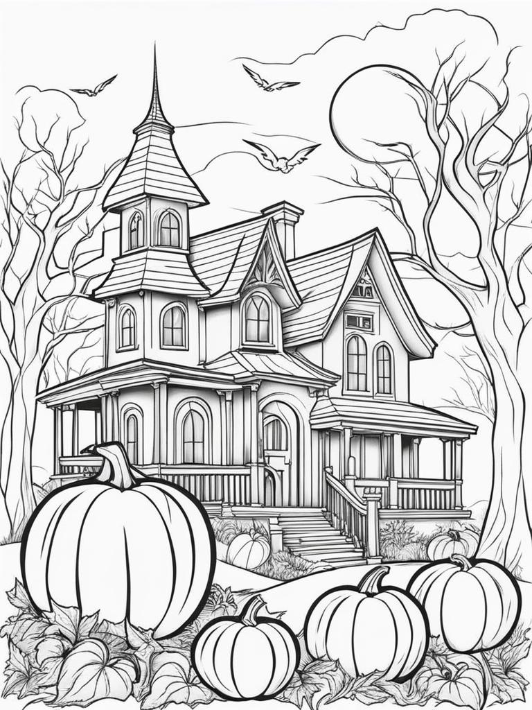 pumpkin coloring pages - a carved pumpkin lights up a spooky haunted house. 