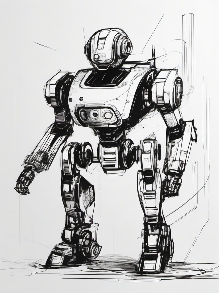 drawing of a futuristic robot  minimal rough sketch scribbles,doodles,black and white