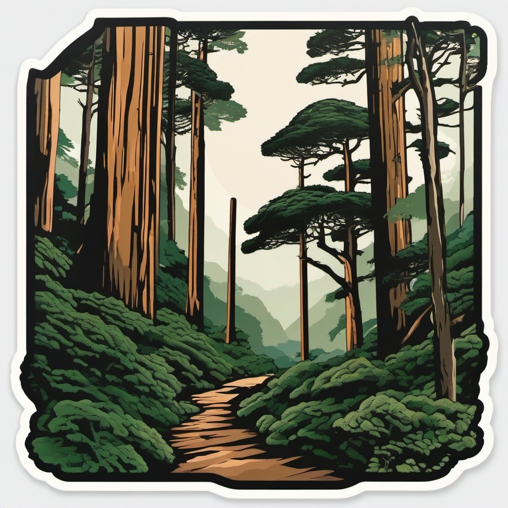 Yakushima Forest sticker- Ancient cedar forest on Yakushima Island, Japan, , sticker vector art, minimalist design