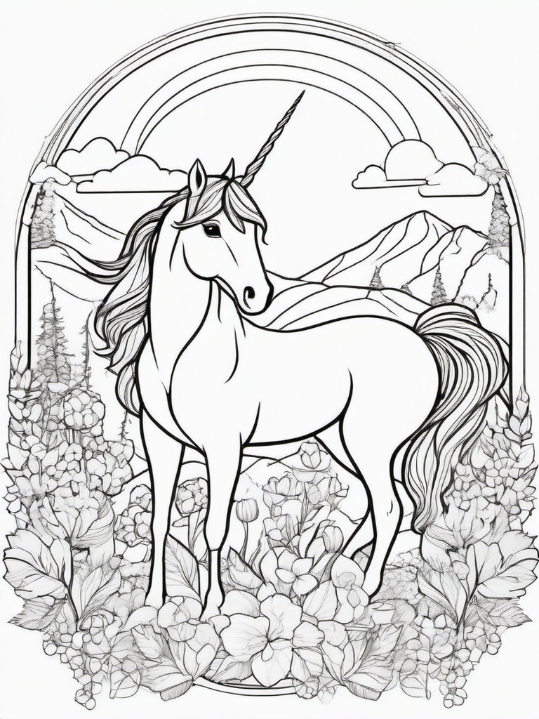 Princess and Unicorn Coloring Pages - Magical Scene with a Unicorn  minimal black outline printable sheet, coloring page