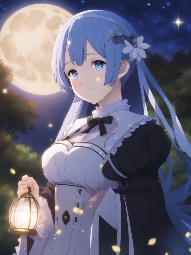 rem (re: zero) - shields her loved ones in a mystical forest under a starry sky. 