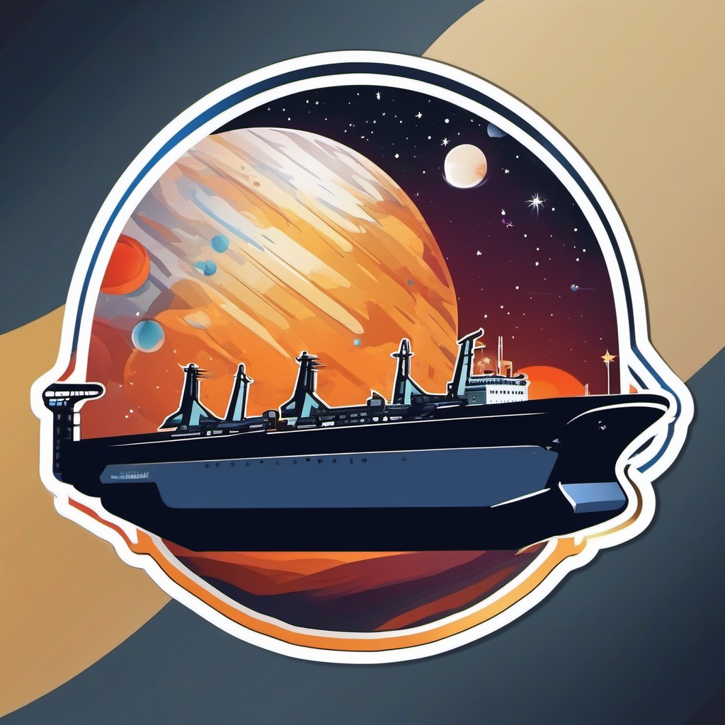 Space Cargo Ship Sticker - Freighter carrying cargo through space, ,vector color sticker art,minimal