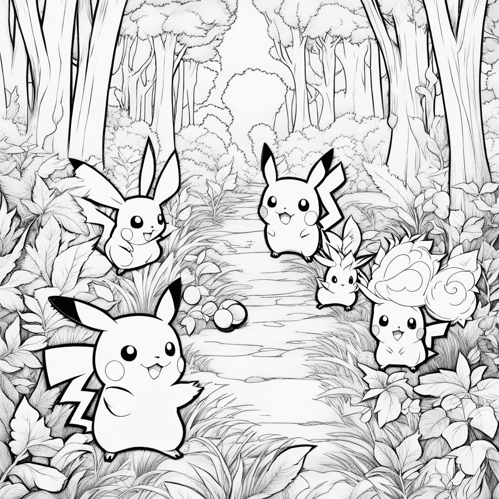 pokemon coloring pages - pikachu and friends explore a dense, enchanted forest. 