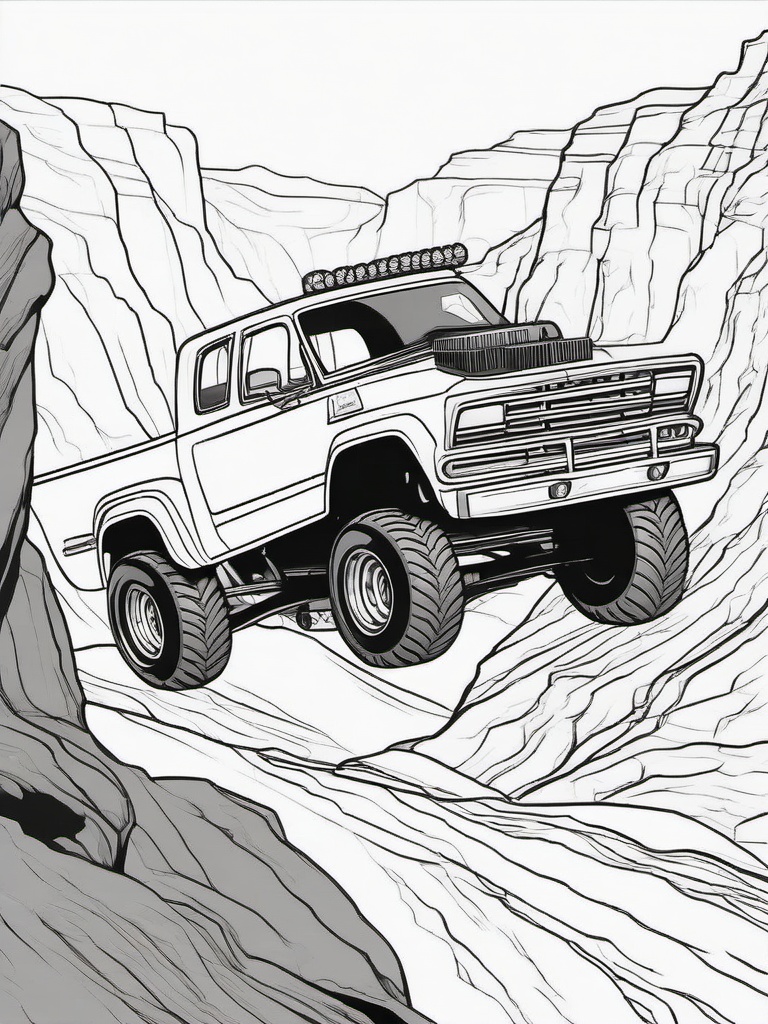 Monster Truck Crossing a Canyon Coloring Pages - Trucks Leaping Across Deep Canyons  minimal black outline printable sheet, coloring page