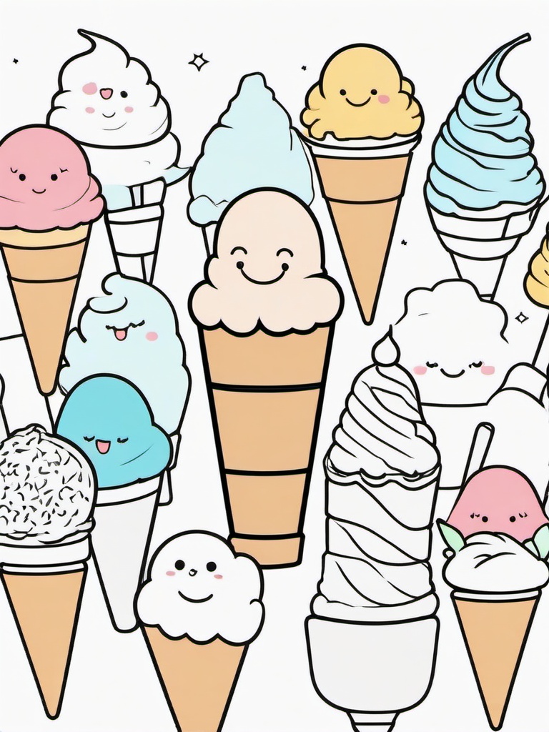 Kawaii Ice Cream Coloring Pages - Delicious Ice Cream Cones with Smiles  minimal black outline printable sheet, coloring page