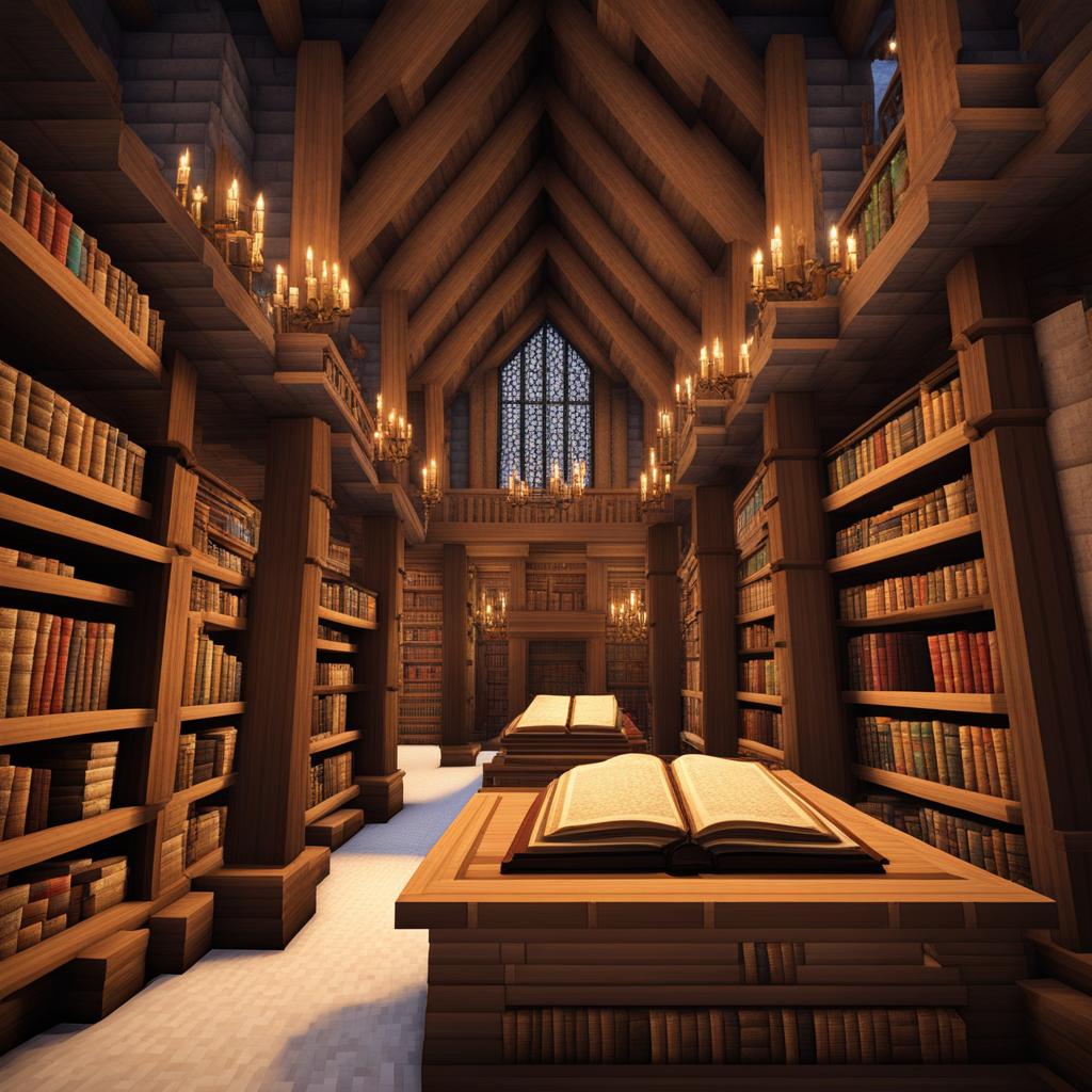 medieval library with rows of ancient books and scrolls - minecraft house design ideas minecraft block style