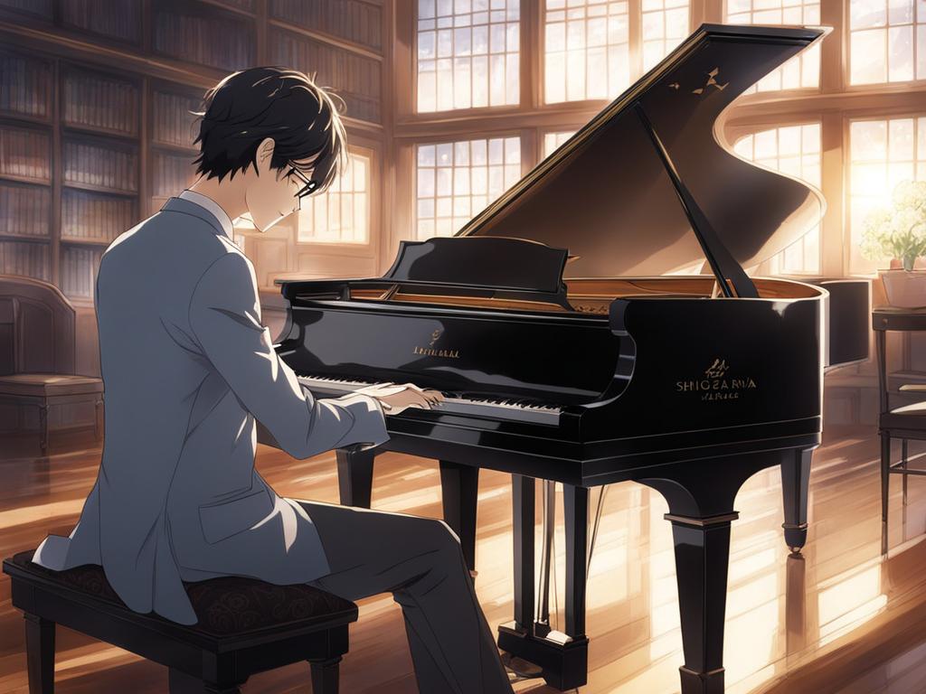 shigatsu wa kimi no uso,kousei arima,playing a heartfelt piano performance,a grand concert hall anime, anime key visual, japanese manga, pixiv, zerochan, anime art, fantia